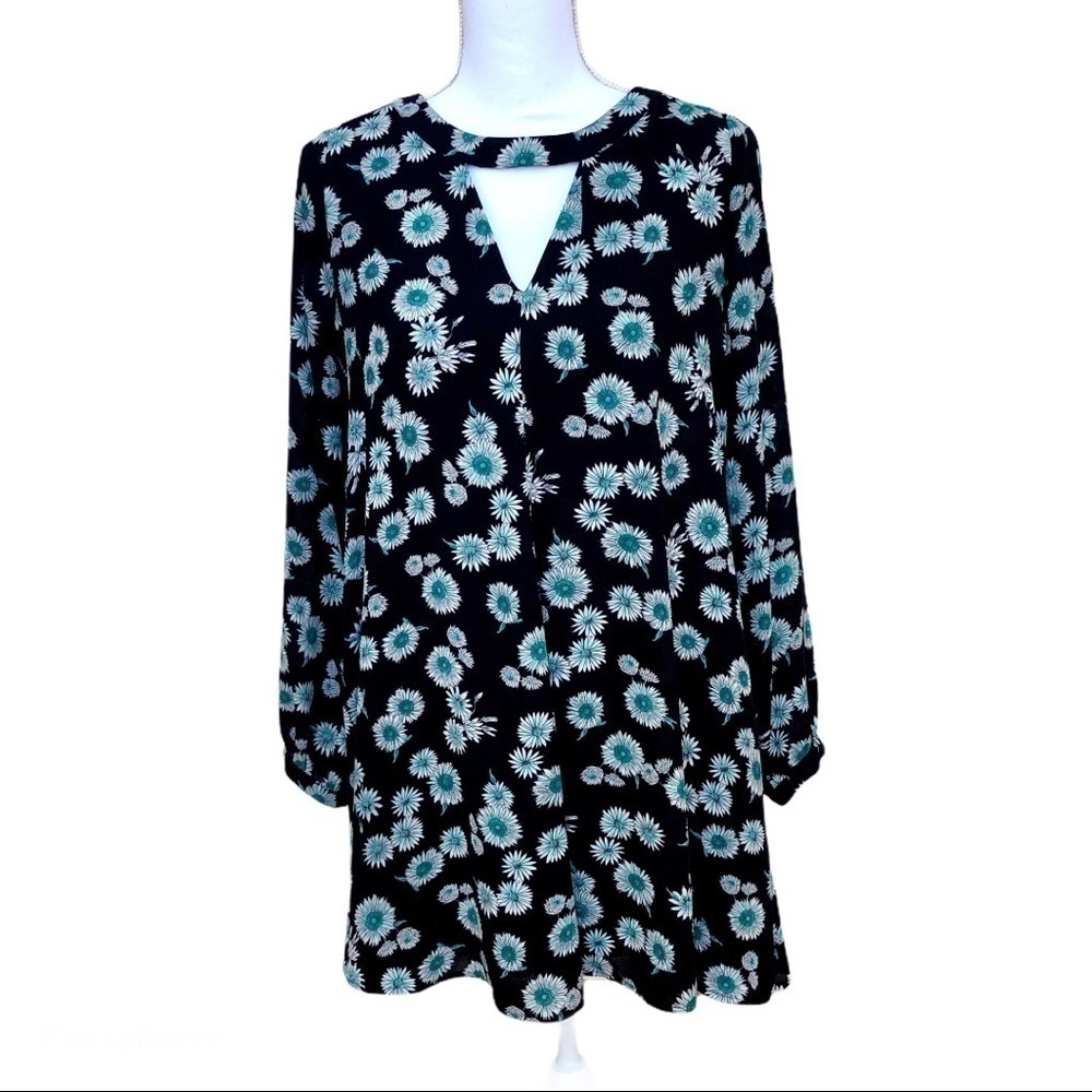 Black & Teal Floral Babydoll Dress Long Sleeves Size XS